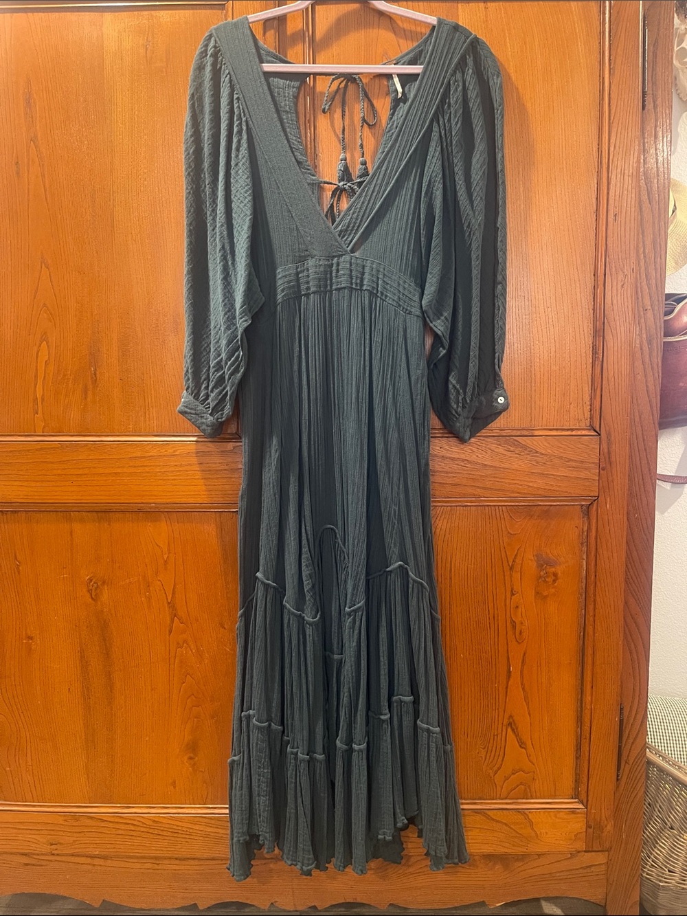 Free People Deep Green V-Neck Maxi Dress with Tie Back